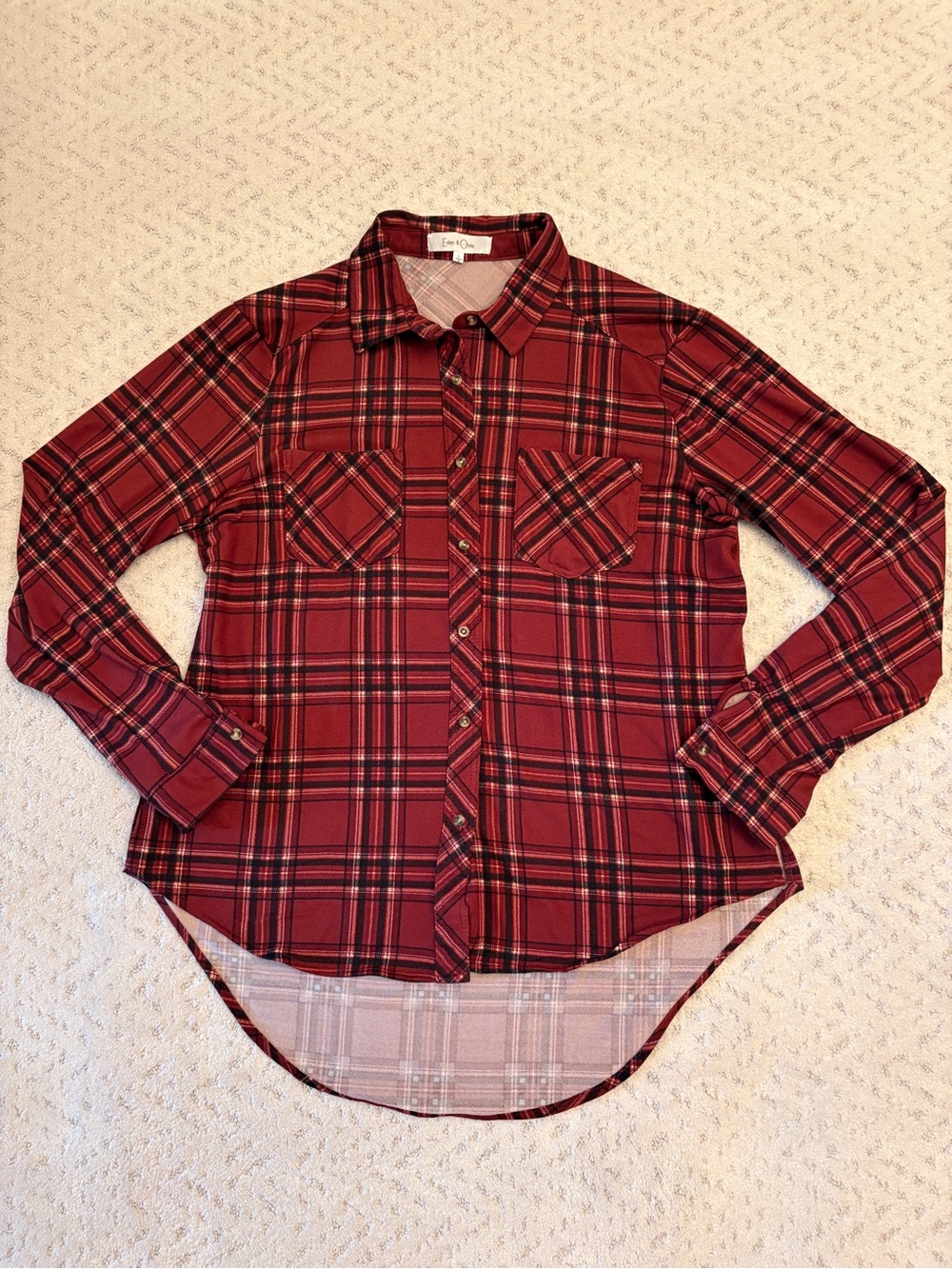 Eden Olivia Rust Red Plaid Fleece Button Up Shirt Size L Stretch Country Cottage
